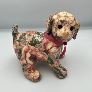 Joan Baker Floral Dog Figurine Statue with Pink‎ Ribbon Cute Home Decor Accent